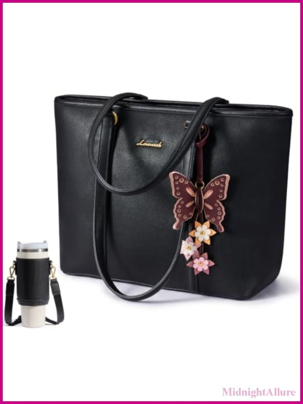 Vegan Leather Tote Bag Satchel Purse Shoulder Handbag with Water Bottle Carrier